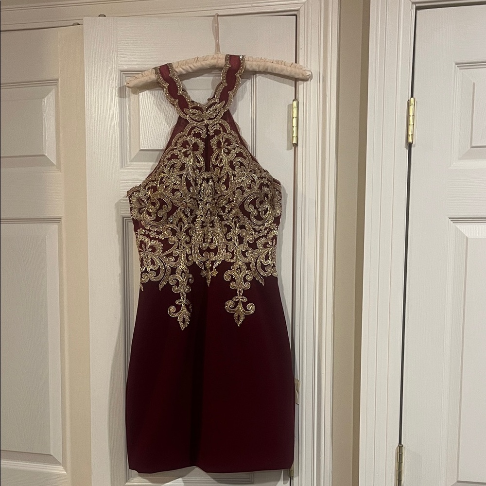PromGirl Burgundy and Gold Mini Dress